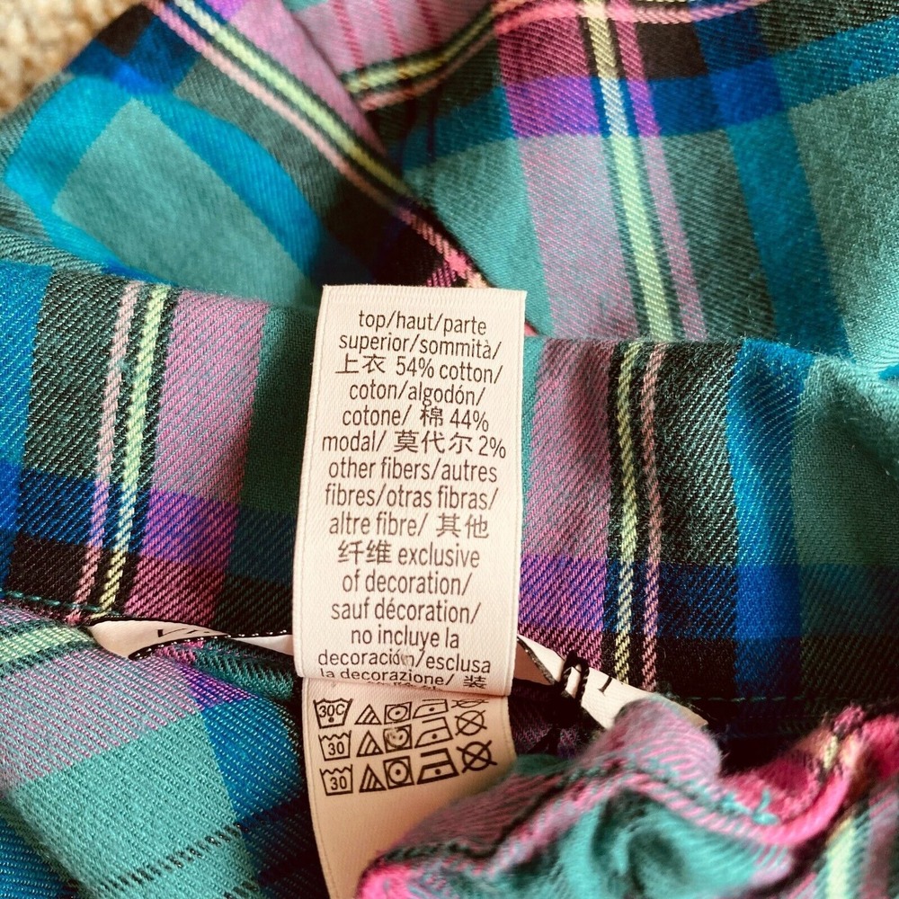 Victoria's Secret Pajama Shirt Size L & Hair Scrunchie Green Pink Plaid Flannel - Picture 5 of 10